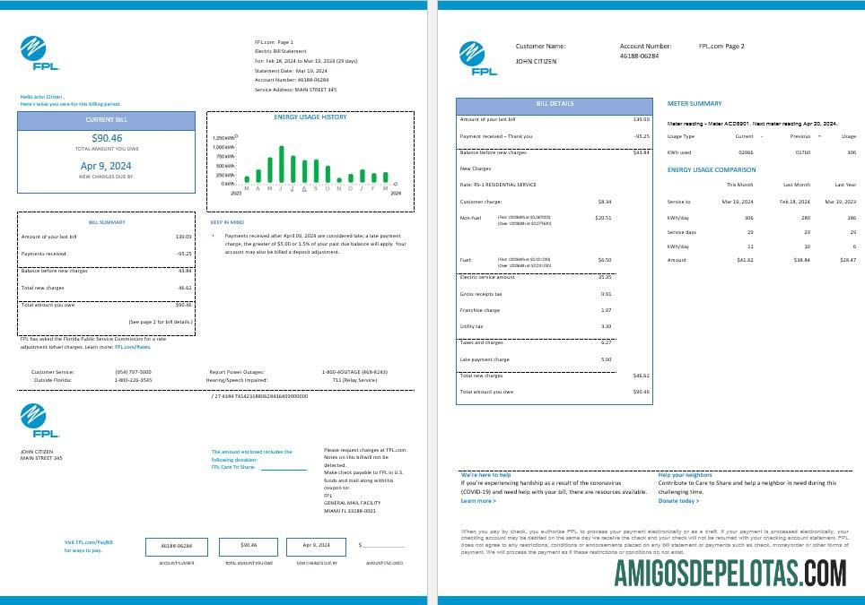 Formatos Word e PDF da fatura de serviços públicos de eletricidade da FPL dos EUA, 2 páginas, versão 2 amostra